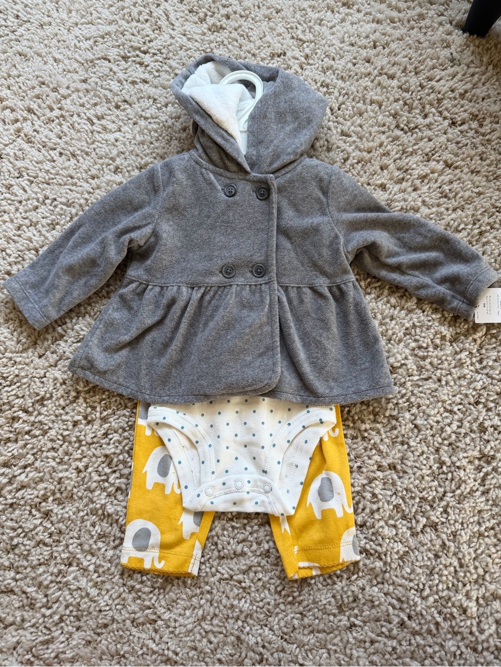 New Carter's Baby Girl Gray Hooded Peacoat w/ Yellow Elephant Leggings & Onesie